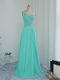 Fabulous One Shoulder Sleeveless Prom Gown Floor Length Beading and Appliques Turquoise Chiffon