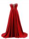 Glittering Red Sweetheart Lace Up Beading Prom Party Dress Brush Train Sleeveless