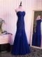 Pretty Floor Length Lace Up Formal Evening Gowns Royal Blue for Prom and Military Ball with Beading and Lace and Appliques and Pleated