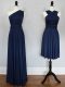 Discount Floor Length Navy Blue Dama Dress for Quinceanera Halter Top Sleeveless Lace Up