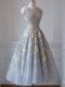 Chic Tea Length Criss Cross Prom Evening Gown Grey for Prom and Party and Beach with Lace and Appliques