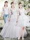 Scoop Half Sleeves Wedding Gowns Brush Train Lace and Ruffles White Tulle