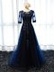 Sexy Navy Blue A-line Tulle Scoop Half Sleeves Lace and Appliques Floor Length Lace Up Dress for Prom