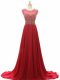 Edgy Scoop Sleeveless Dress for Prom Brush Train Beading Wine Red Chiffon