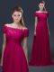 Floor Length Fuchsia Mother Of The Bride Dress Off The Shoulder Short Sleeves Lace Up