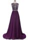 Gorgeous Purple Side Zipper Scoop Beading Prom Dress Elastic Woven Satin Short Sleeves Brush Train