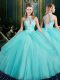 Aqua Blue Lace Up Halter Top Beading and Pick Ups Quinceanera Dresses Tulle Sleeveless
