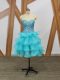 Sleeveless Mini Length Beading and Ruffled Layers Zipper Prom Dresses with Aqua Blue