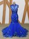 Royal Blue Tulle Backless High-neck Sleeveless Womens Evening Dresses Brush Train Lace and Appliques