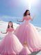 Baby Pink Ball Gowns Off The Shoulder Sleeveless Tulle Brush Train Lace Up Hand Made Flower Sweet 16 Dresses