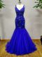 Lovely Brush Train Mermaid Pageant Dress for Teens Royal Blue Straps Tulle Sleeveless Criss Cross