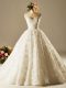 Simple Lace Sweetheart Sleeveless Brush Train Lace Up Beading and Lace Bridal Gown in White