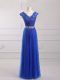 Dynamic V-neck Short Sleeves Evening Dress Floor Length Beading and Lace and Appliques and Belt Royal Blue Tulle