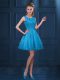 Lovely Knee Length Baby Blue Bridesmaid Gown Tulle Sleeveless Lace and Ruffled Layers