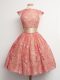 Watermelon Red Ball Gowns Belt Quinceanera Court Dresses Lace Up Lace Cap Sleeves Knee Length