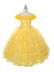 Custom Designed Floor Length Yellow Little Girls Pageant Gowns Organza Sleeveless Ruffles and Ruffled Layers