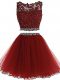 Burgundy Sleeveless Mini Length Beading and Lace and Appliques Zipper Party Dress for Girls