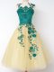 Gold A-line Tulle Straps Sleeveless Appliques Knee Length Lace Up Bridesmaid Gown