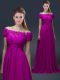 Luxurious Fuchsia Mother Of The Bride Dress Prom and Party with Appliques Off The Shoulder Short Sleeves Lace Up
