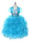 Popular Baby Blue Ball Gowns Ruffles and Sequins and Bowknot Little Girls Pageant Gowns Lace Up Organza Sleeveless Floor Length