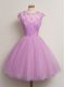Cap Sleeves Tulle Knee Length Lace Up Bridesmaid Dress in Lilac with Lace