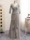 Elegant Grey Column/Sheath Chiffon V-neck Long Sleeves Lace and Appliques Floor Length Zipper Mother Dresses