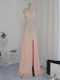Chic Peach Column/Sheath V-neck Sleeveless Chiffon Floor Length Backless Beading Prom Dresses