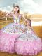 Rose Pink Sleeveless Embroidery and Ruffled Layers Floor Length Quinceanera Gowns