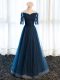 Navy Blue A-line Tulle V-neck Half Sleeves Beading and Lace and Appliques Floor Length Lace Up Mother Of The Bride Dress