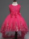 Beautiful Lace and Appliques and Bowknot and Hand Made Flower Flower Girl Dress Hot Pink Zipper Sleeveless High Low