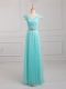 Aqua Blue Tulle and Lace Lace Up Mother Dresses Cap Sleeves Floor Length Beading and Appliques
