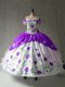High Class Off The Shoulder Cap Sleeves Sweet 16 Dresses Floor Length Embroidery and Ruffles White And Purple Organza and Taffeta