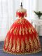 Printed Off The Shoulder Half Sleeves Lace Up Appliques Quince Ball Gowns in Red