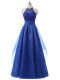 Fashion Blue A-line Organza Halter Top Sleeveless Beading and Ruffles Floor Length Zipper Dress for Prom