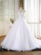Exquisite White A-line Scoop Sleeveless Tulle Court Train Zipper Lace and Appliques Wedding Dress