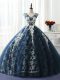 Custom Made Navy Blue Lace Up Quince Ball Gowns Ruffles and Pattern Sleeveless Floor Length
