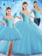 Spectacular Baby Blue Three Pieces Off The Shoulder Sleeveless Organza Sweep Train Lace Up Beading Quinceanera Gowns