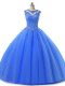 Trendy Blue Tulle Lace Up Scoop Sleeveless Floor Length Sweet 16 Dress Beading and Lace