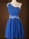 Blue Sleeveless Appliques and Ruching Mini Length Quinceanera Court of Honor Dress