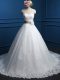 Stylish Appliques and Hand Made Flower Wedding Dress White Lace Up Sleeveless Brush Train