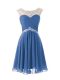 Wonderful Blue Chiffon Zipper Prom Party Dress Cap Sleeves Knee Length Beading