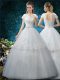 Cheap White Ball Gowns Scoop Short Sleeves Tulle Floor Length Lace Up Embroidery Wedding Gown