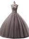 Fitting Scoop Sleeveless Quince Ball Gowns Floor Length Beading and Lace Brown Tulle