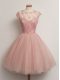 Knee Length Peach Bridesmaid Dresses Scoop Cap Sleeves Lace Up