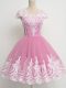 Rose Pink Tulle Zipper Square Cap Sleeves Knee Length Wedding Guest Dresses Lace