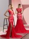 V-neck Sleeveless Brush Train Zipper Prom Dresses Coral Red Chiffon
