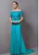 Classical Aqua Blue Mother Of The Bride Dress Chiffon Sweep Train Short Sleeves Lace