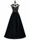 Sleeveless Taffeta Floor Length Backless Evening Dress in Black with Beading and Lace and Embroidery