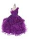 Elegant Purple Organza Lace Up Asymmetric Sleeveless Floor Length Little Girl Pageant Dress Lace and Ruffles and Ruffled Layers
