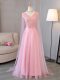 Deluxe Baby Pink Long Sleeves Beading Floor Length Prom Evening Gown